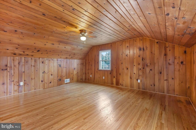 bonus room with wood ceiling, ceiling fan, light wood-type flooring, vaulted ceiling, and wood walls