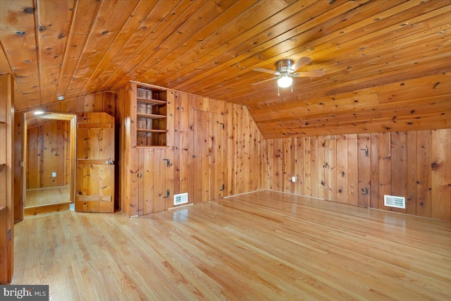 additional living space with light hardwood / wood-style flooring, ceiling fan, vaulted ceiling, wooden ceiling, and wood walls