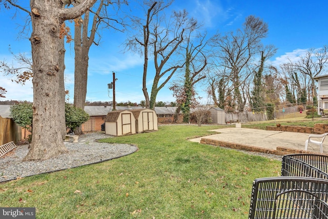 view of yard featuring a shed and a patio area