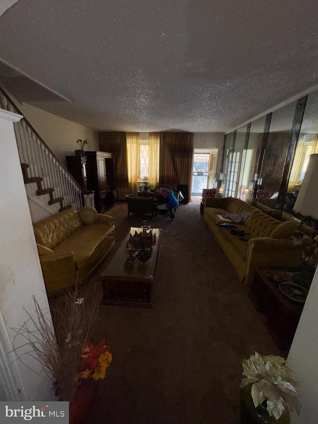 living room with carpet flooring and a textured ceiling