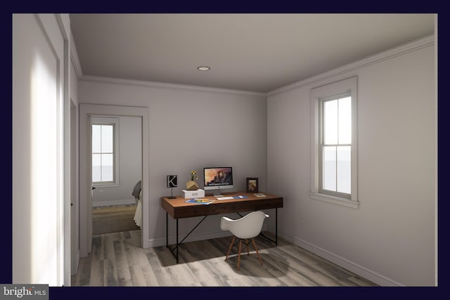 home office with wood-type flooring and ornamental molding