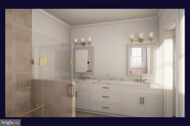 bathroom featuring vanity, a shower with door, tile patterned flooring, and ornamental molding