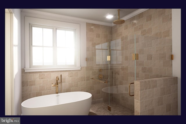 bathroom featuring crown molding, tile walls, and shower with separate bathtub