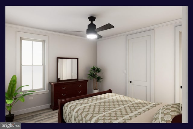 bedroom featuring ceiling fan, light wood-type flooring, ornamental molding, and multiple windows