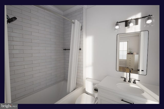 full bathroom featuring vanity, toilet, ornamental molding, and shower / tub combo with curtain