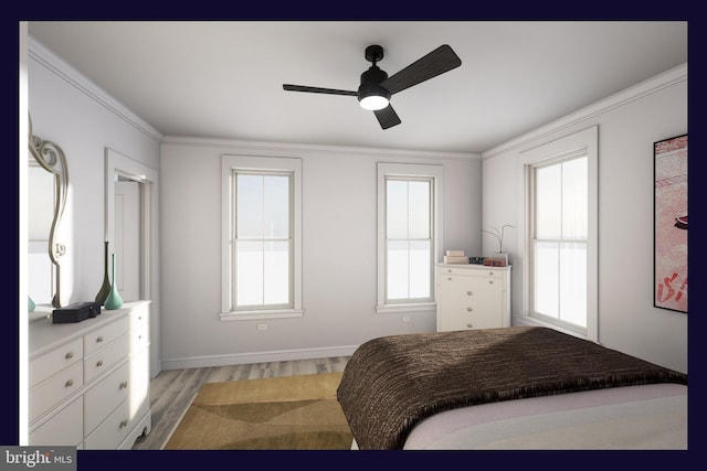 bedroom with ceiling fan, ornamental molding, and light hardwood / wood-style flooring