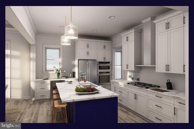 kitchen featuring hanging light fixtures, light stone counters, crown molding, a kitchen island with sink, and appliances with stainless steel finishes