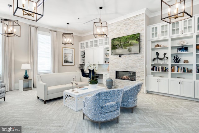 carpeted living room with a stone fireplace and crown molding