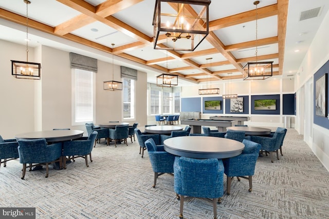 interior space featuring beam ceiling, light colored carpet, and coffered ceiling