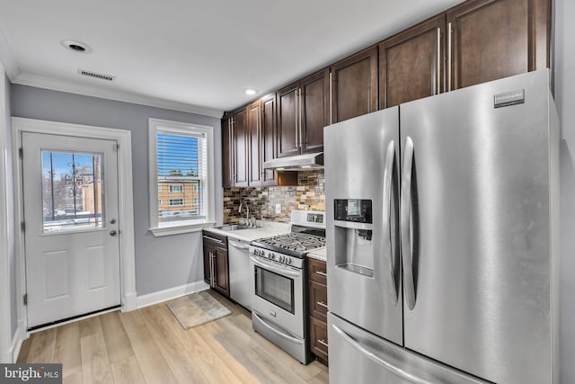 kitchen featuring sink, stainless steel appliances, tasteful backsplash, crown molding, and light hardwood / wood-style floors