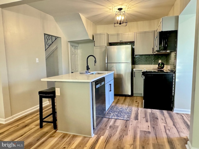 kitchen featuring pendant lighting, gray cabinets, a center island with sink, appliances with stainless steel finishes, and light wood-type flooring