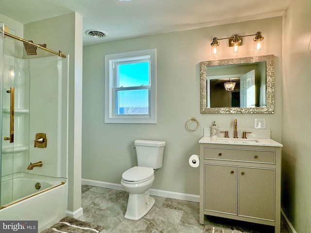 full bathroom with shower / tub combination, vanity, and toilet