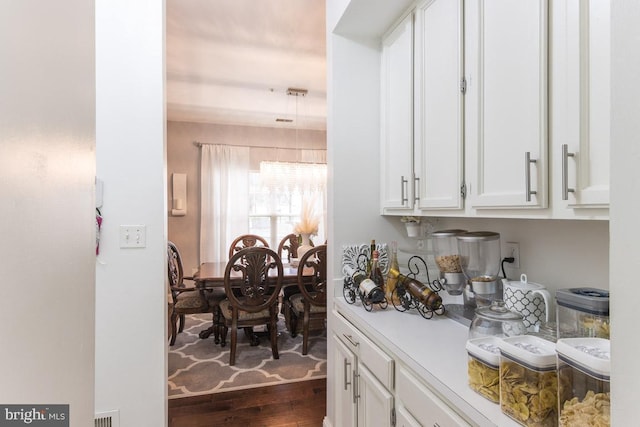 interior space featuring dark hardwood / wood-style floors and white cabinetry