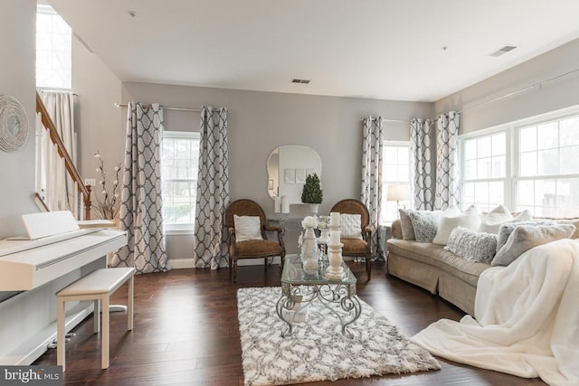 living room featuring dark hardwood / wood-style floors and a healthy amount of sunlight