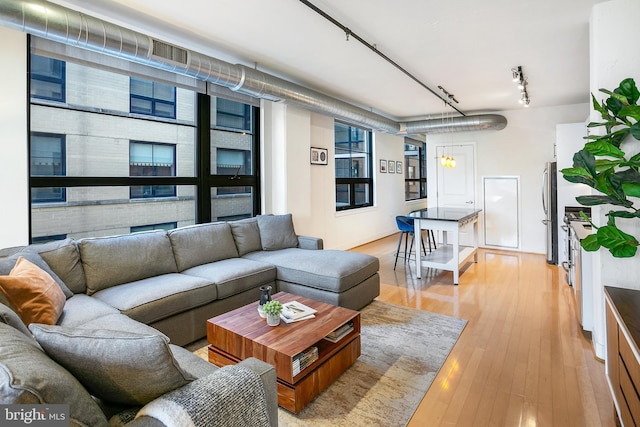 living room with rail lighting and light wood-style floors