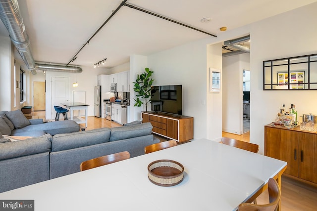 living area featuring light wood finished floors and rail lighting