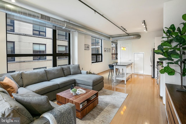 living room featuring rail lighting and light wood-style floors