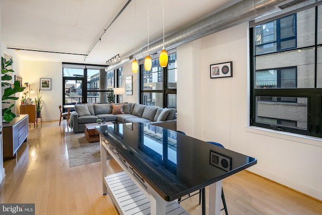 interior space with track lighting, baseboards, and light wood finished floors