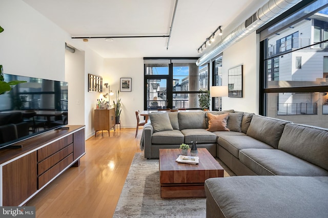 living room featuring light wood finished floors and rail lighting