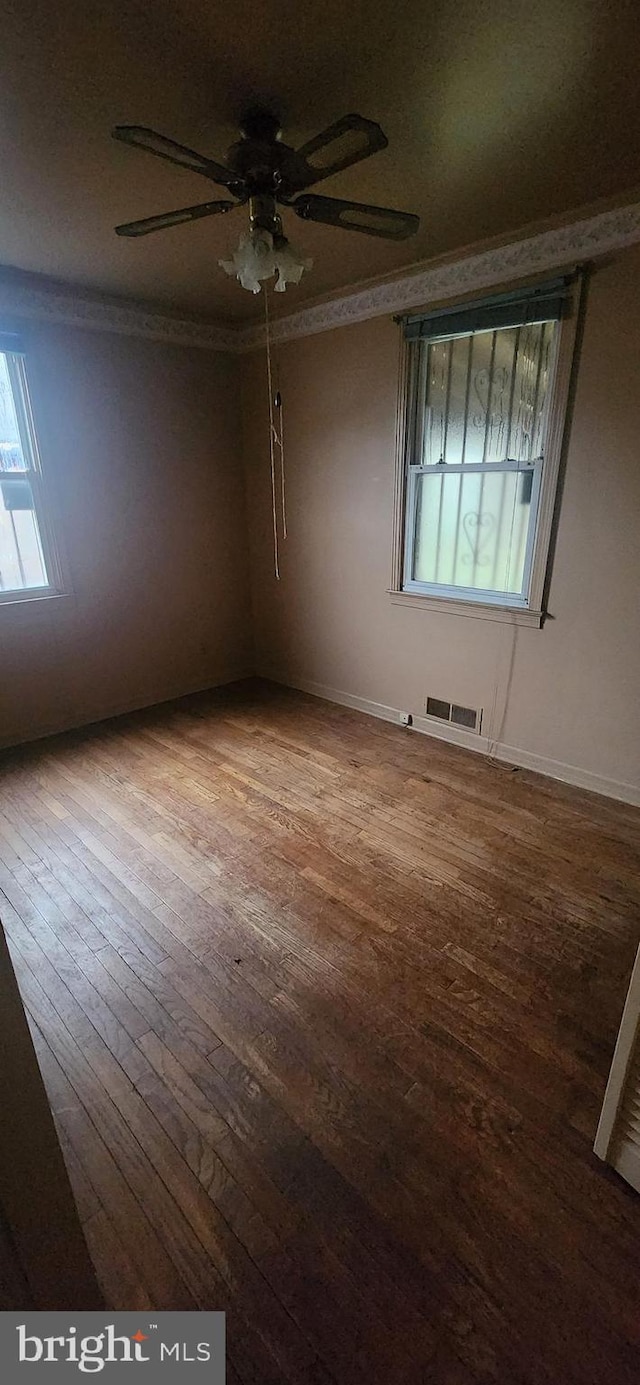 spare room featuring a wealth of natural light, hardwood / wood-style floors, and ceiling fan