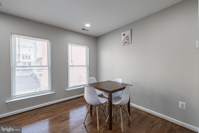 dining area featuring a healthy amount of sunlight and dark hardwood / wood-style floors