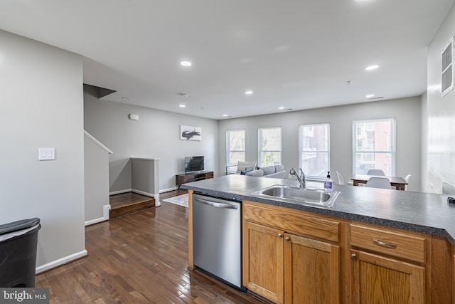 kitchen featuring dark wood-type flooring, stainless steel dishwasher, and sink