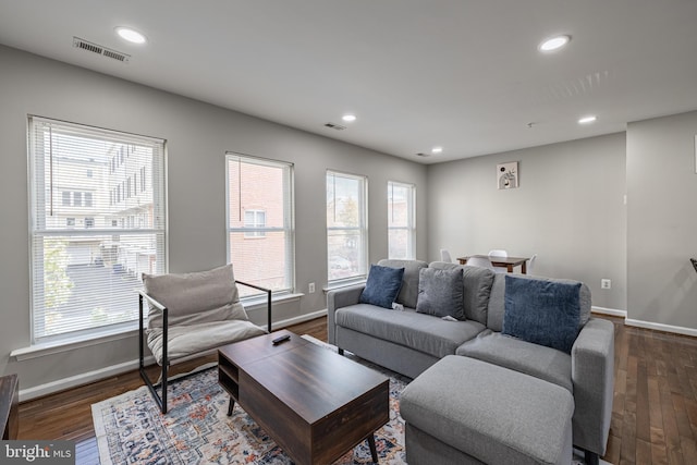 living room featuring plenty of natural light and dark hardwood / wood-style floors