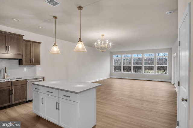 kitchen featuring sink, hanging light fixtures, tasteful backsplash, stainless steel dishwasher, and light hardwood / wood-style floors