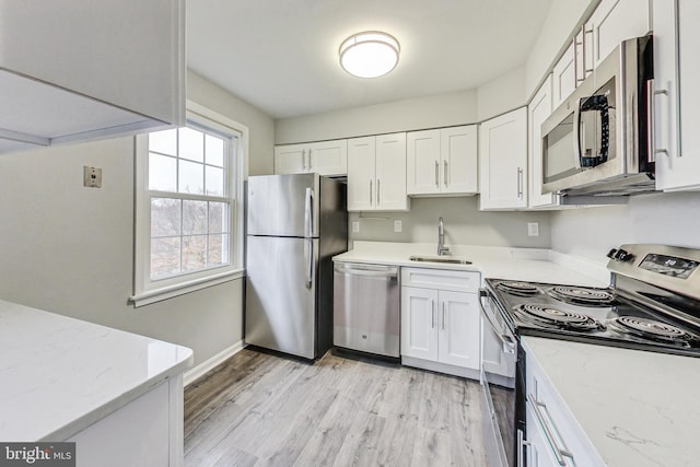 kitchen featuring white cabinetry, sink, appliances with stainless steel finishes, and light hardwood / wood-style flooring