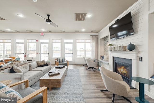 living room with ceiling fan and wood-type flooring