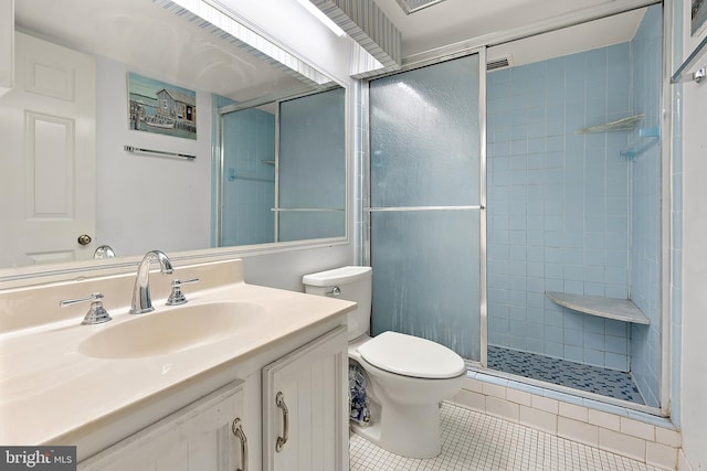 bathroom featuring tile patterned floors, vanity, toilet, and an enclosed shower