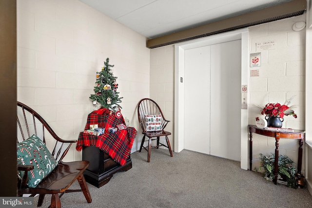 living area with carpet and elevator