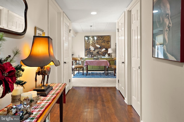 corridor featuring dark hardwood / wood-style flooring and a chandelier