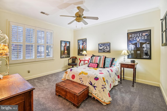 bedroom with dark colored carpet, ceiling fan, and crown molding