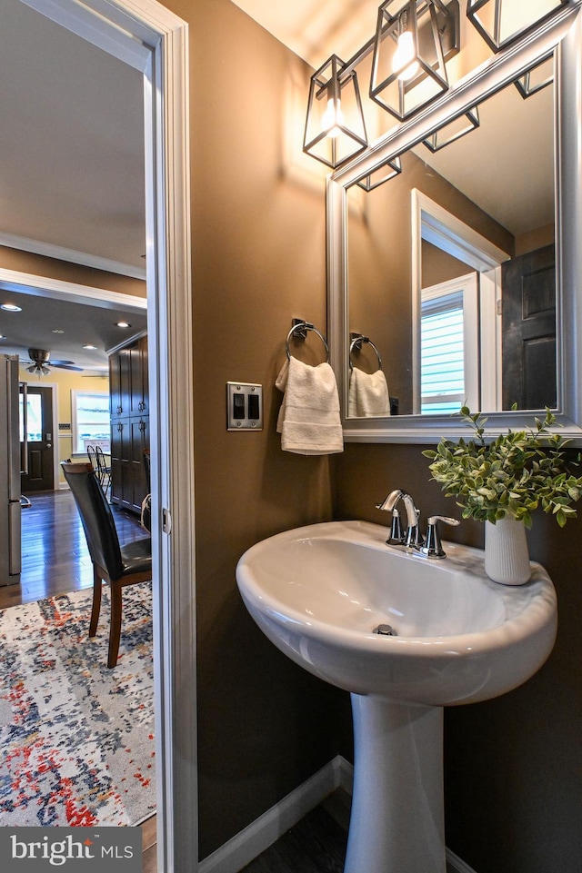 bathroom featuring hardwood / wood-style flooring and ceiling fan