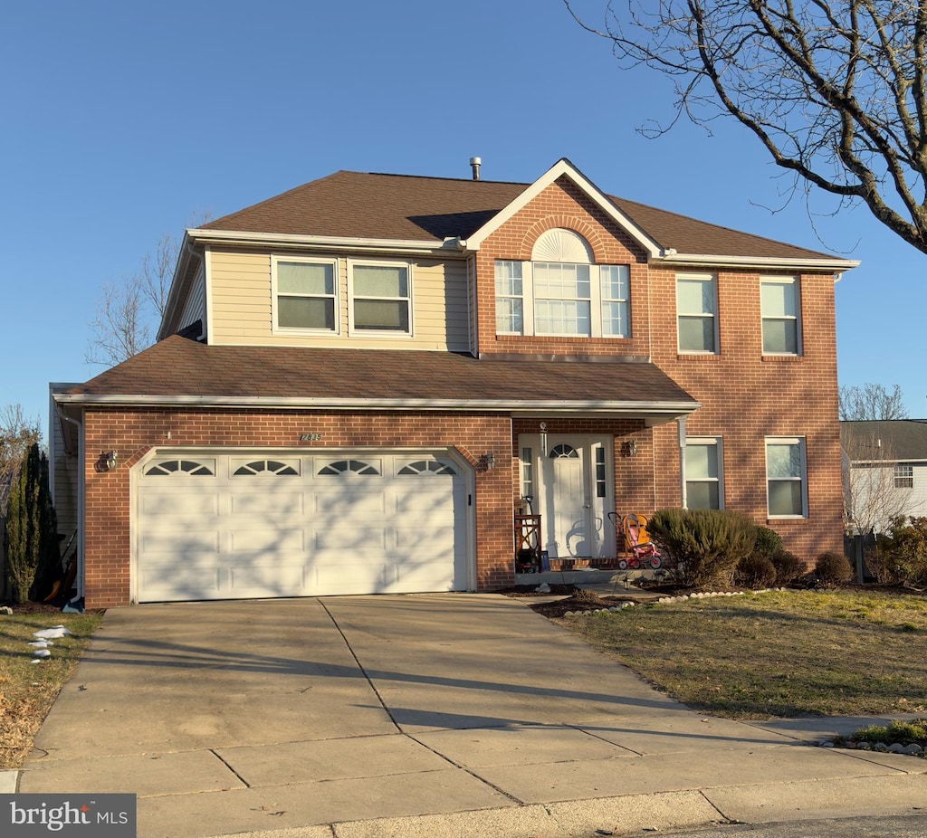 view of front of property featuring a garage, concrete driveway, brick siding, and a shingled roof