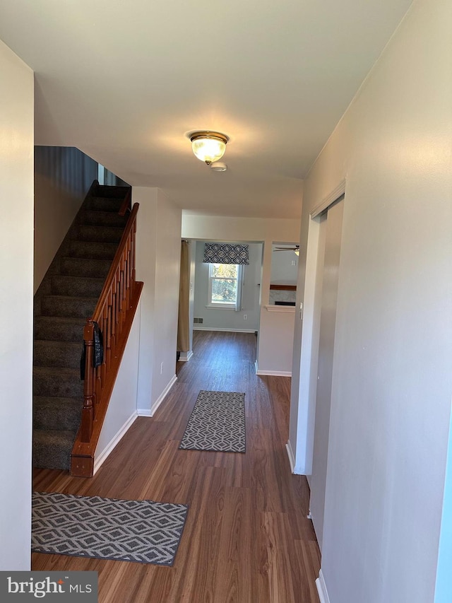 hall with dark wood-type flooring