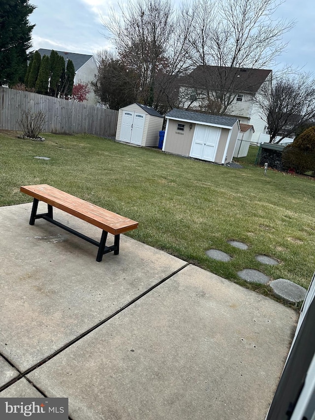 view of yard with a patio area and a storage shed