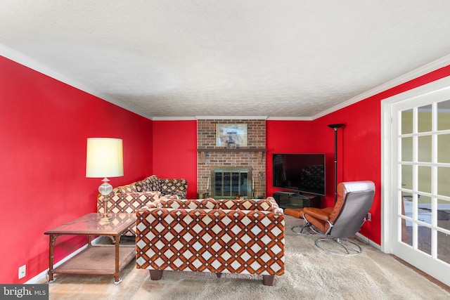 living room with crown molding, carpet floors, a textured ceiling, and a brick fireplace