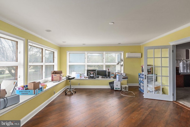 office area with a wall mounted air conditioner, ornamental molding, dark hardwood / wood-style floors, and a healthy amount of sunlight