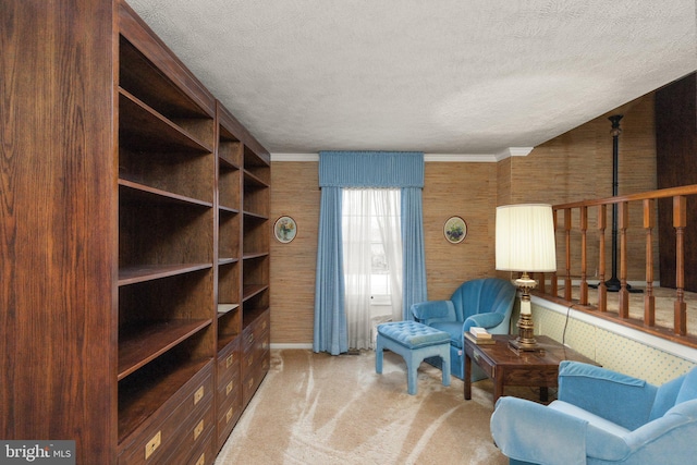 living area with light carpet and a textured ceiling