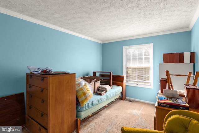 bedroom featuring carpet, crown molding, and a textured ceiling