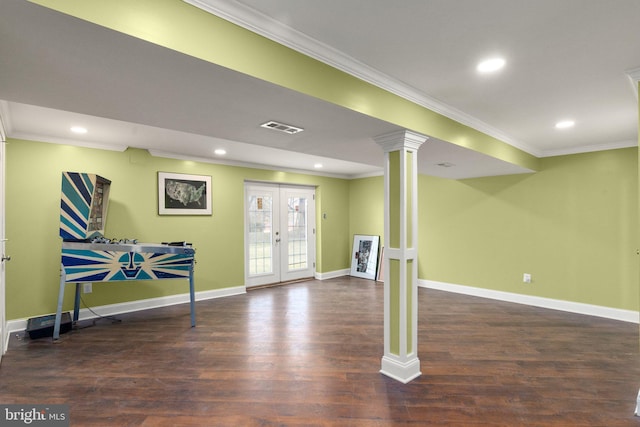 interior space featuring crown molding, dark wood-type flooring, and french doors