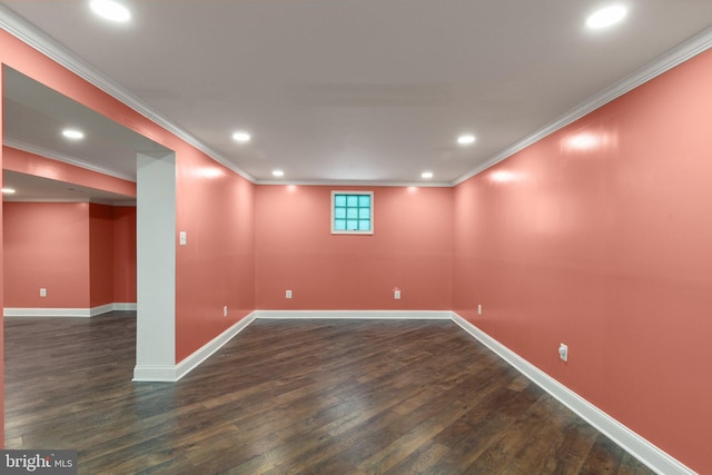 basement featuring crown molding and dark hardwood / wood-style floors