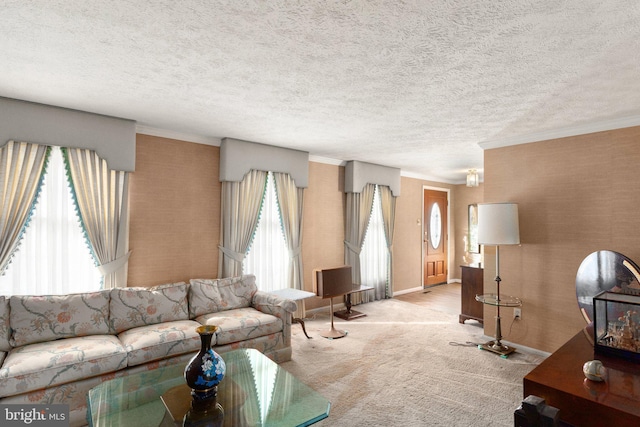 unfurnished living room with light carpet, ornamental molding, a textured ceiling, and a healthy amount of sunlight