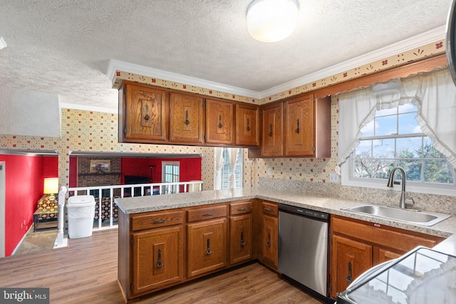 kitchen featuring dishwasher, light wood-type flooring, kitchen peninsula, and sink