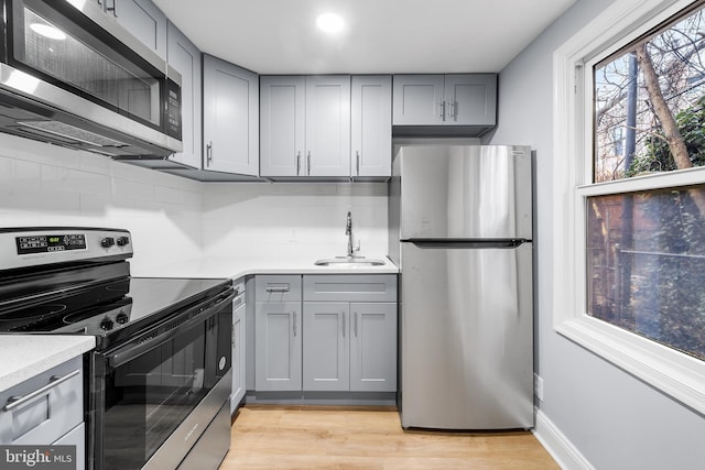 kitchen featuring appliances with stainless steel finishes, gray cabinetry, sink, light hardwood / wood-style flooring, and backsplash