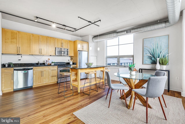 kitchen with decorative light fixtures, stainless steel appliances, light hardwood / wood-style flooring, and sink