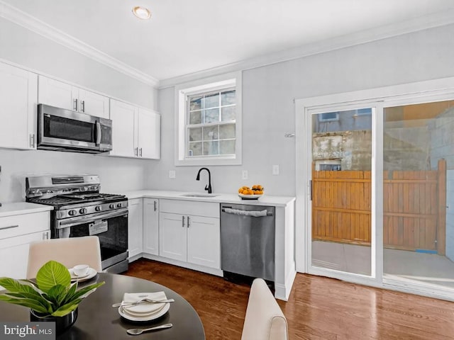 kitchen with white cabinetry, sink, dark hardwood / wood-style floors, and appliances with stainless steel finishes