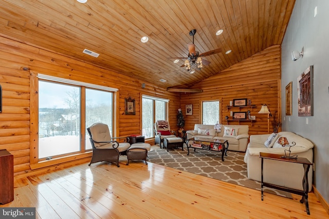 living room featuring high vaulted ceiling, ceiling fan, log walls, light hardwood / wood-style floors, and wood ceiling